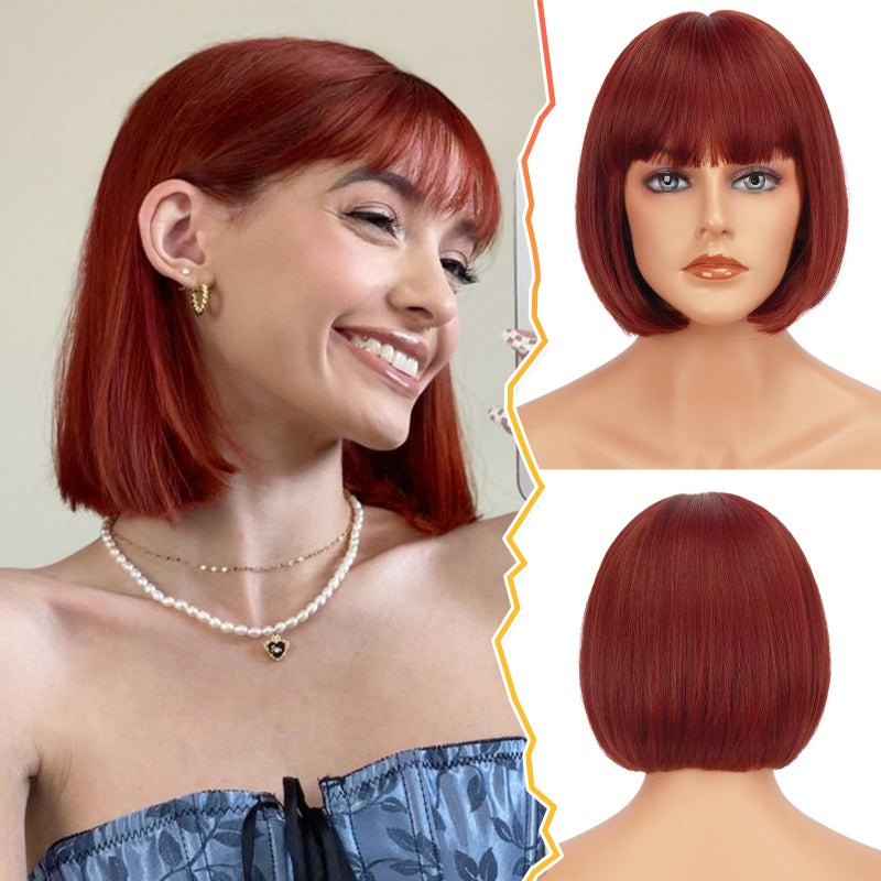 BARSDAR Short Bob Wig with Bangs  Short Copper Red Bob Wig with Bangs for Women  12 Inch ChinLength Natural Looking Soft Synthetic Hair Replacement Daily Halloween Party Copper Red Wigs